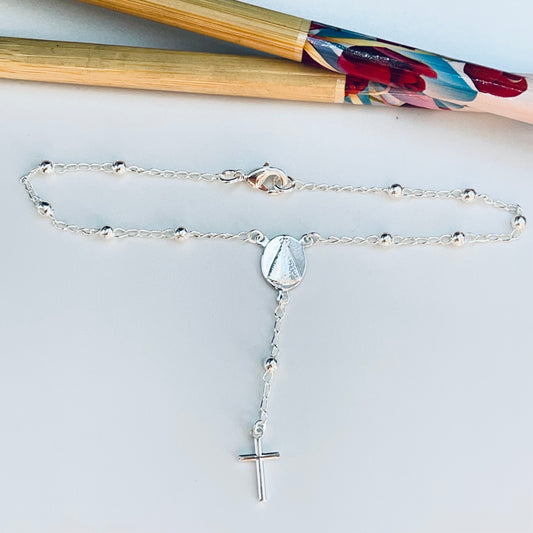 Joyas por Mayor Joyas Bañadas en Plata por Mayor Insumos para Joyas PP33 Pulsera Rosario Decenario Virgen Aparecida Cadena Bolitas 2.8 mm Largo 20 cm Largo Cadena y Cruz 3.5 cm Pulsera Baño Plata