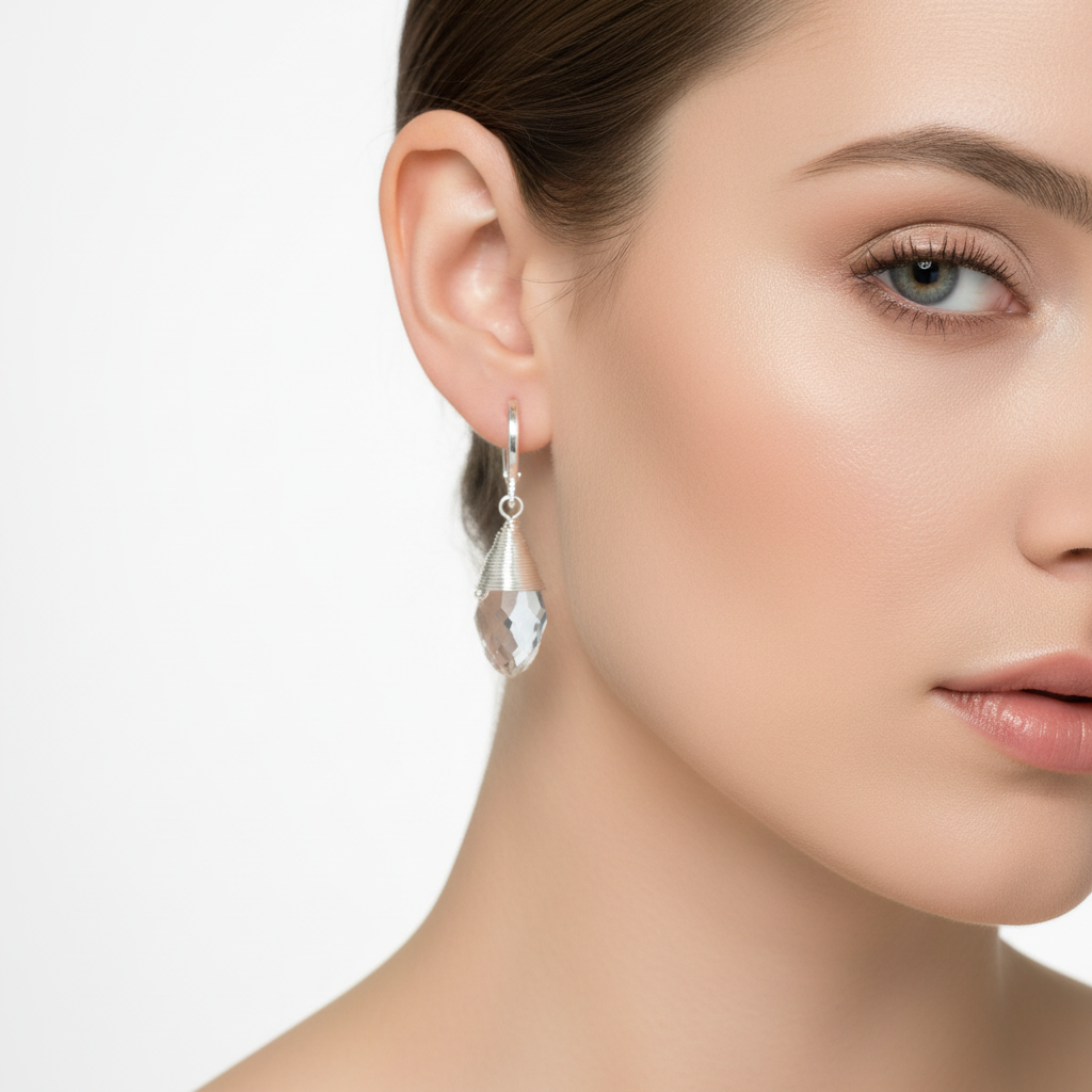 XP563 Aro Argolla Cristal Facetado Embarrilado Largo Total 34 mm Ancho 9 mm Largo Cristal 18 mm Aro Baño Plata