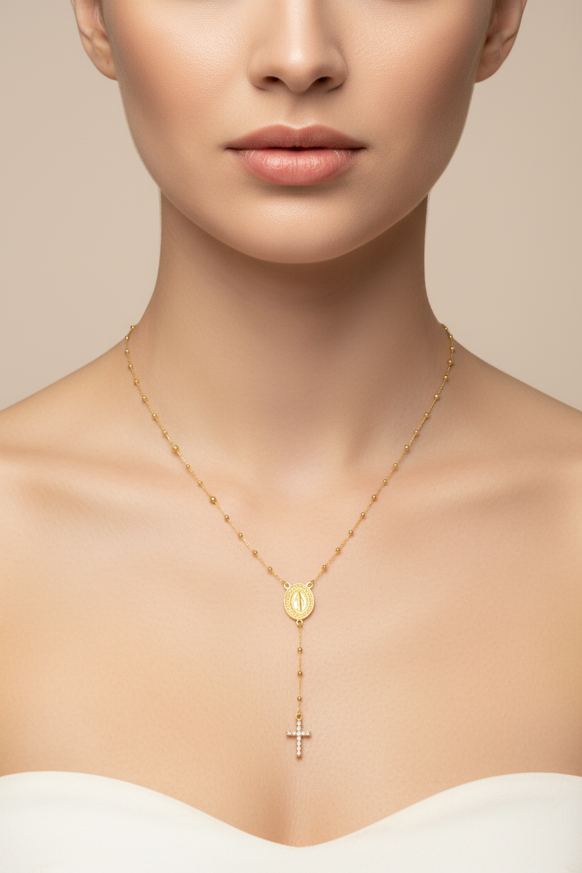 CO234 Rosario Virgen de los milagros Borde con mini circones 14x1 mm Cadena veneciana bolitas de 2 mm 60 cm Largo cascada 5.5 mm cruz con circones 10x8 mm Collar Terminado Baño Oro