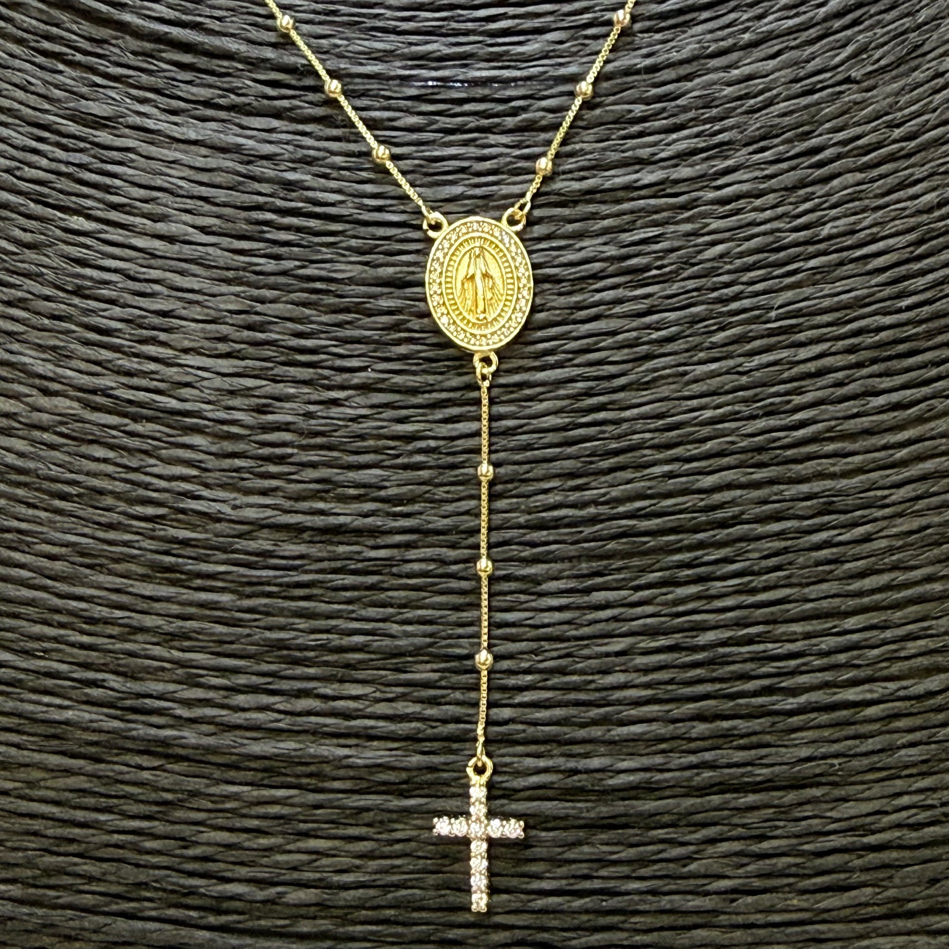 Joyas por Mayor Joyas Bañadas en Oro por Mayor Insumos para Joyas CO234 Rosario Virgen de los milagros Borde con mini circones 14x1 mm Cadena veneciana bolitas de 2 mm 60 cm Largo cascada 5.5 mm cruz con circones 10x8 mm Cadena Terminada Baño Oro