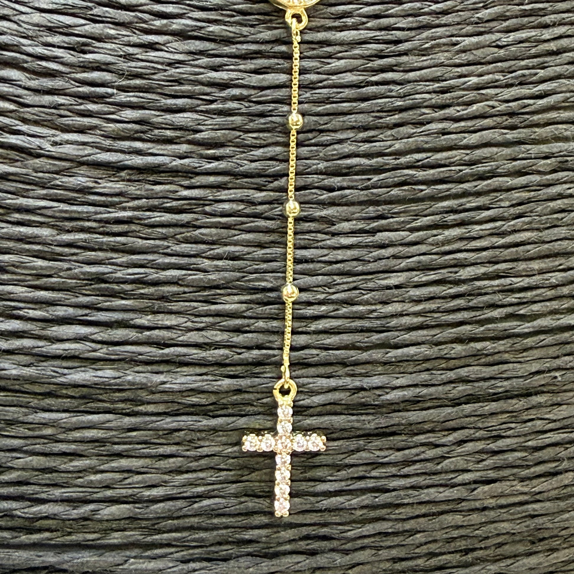 Joyas por Mayor Joyas Bañadas en Oro por Mayor Insumos para Joyas CO234 Rosario Virgen de los milagros Borde con mini circones 14x1 mm Cadena veneciana bolitas de 2 mm 60 cm Largo cascada 5.5 mm cruz con circones 10x8 mm Cadena Terminada Baño Oro