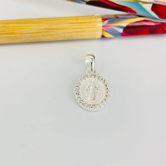 FP1282 Colgante Virgen de los Rayos o Milagros Borde circones 12 x 10 más valier de 6 mm Espesor 2.2 mm  Figura Baño Plata
