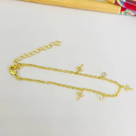 PO40 Pulsera Cruces Circones 7 x 5 mm y Puntos de Luz 3 mm Cadena Candado Eslabón 2 mm Largo 16 cm más Extensor 5 cm Pulsera Baño Oro