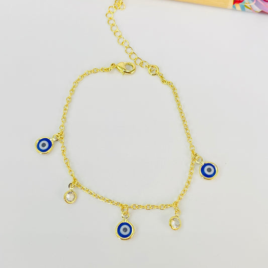 PO38 Pulsera Ojos Griegos diá. 6 mm y Puntos de Luz diá. 5 mm Cadena Candado Eslabón 2 mm Largo 16 cm más Extensor 5 cm Pulsera Baño Oro