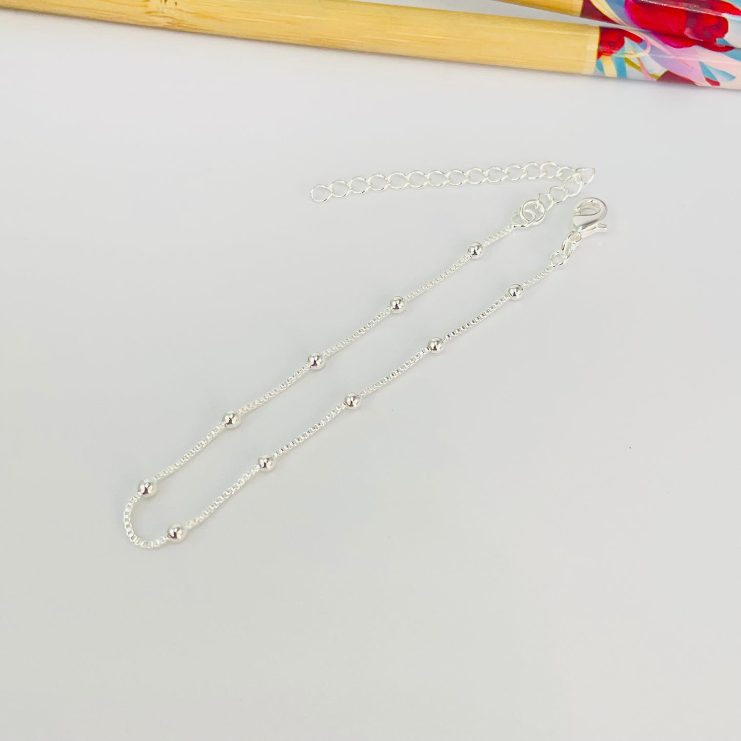 PP39 Pulsera Veneciana Eslabón 1 mm y Bolitas 2.2 mm Largo 16 cm más extensor 5 cm Pulsera Baño Plata