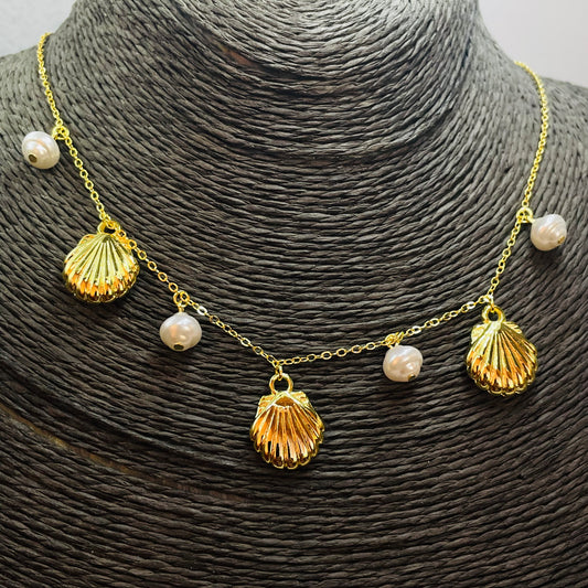 CO239 Collar Conchitas de Mar 14 mm y Perlas 8 mm Cadena Candado Eslabón 1.8 mm Largo 45 cm más Extensor 5 cm Collar Terminado Baño Oro