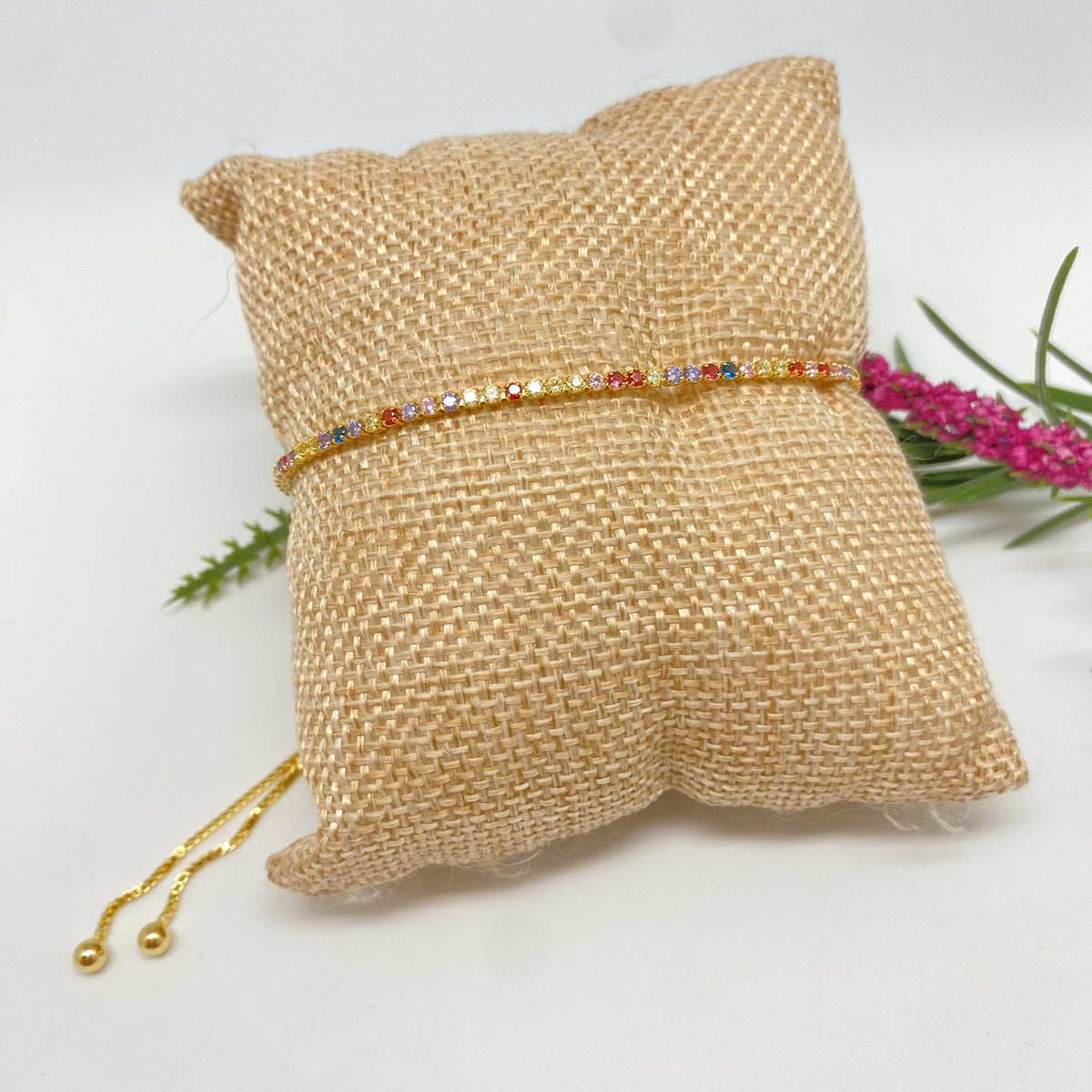 PO45 Pulsera Regulable con cristales multicolor ancho 1.8 mm Cadena veneciana 1.2 mm Pulsera Baño Oro