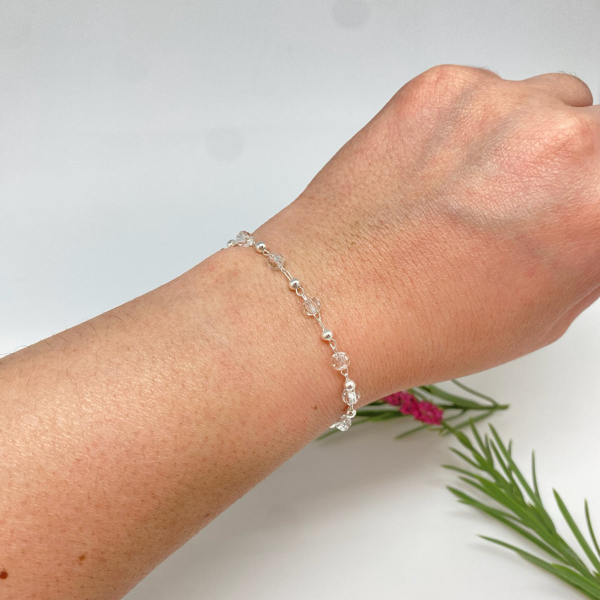 PP44 Pulsera Regulable con bolitas 3 mm y Cristales 4 mm Cadena Cartier Eslabón 3 x 1.5 mm Pulsera Baño Plata