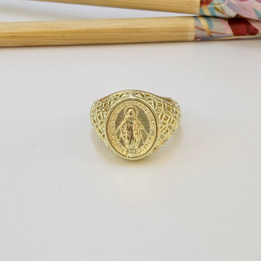 WO80 Anillo Tipo Chevalier Virgen de los Rayos Esfera Ovalada 14 x 11 mm ancho argolla 3 mm Anillo Baño Oro