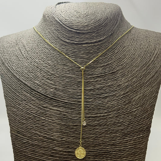Joyas por Mayor Joyas Bañadas en Oro por Mayor Insumos para Joyas CO240 Collar Cascada Cadena Veneciana Espesor 1 mm Largo total 120 cm Bolita regulable Terminal Punto de luz 4 mm y San Benito 10 mm Collar Terminado Baño Oro