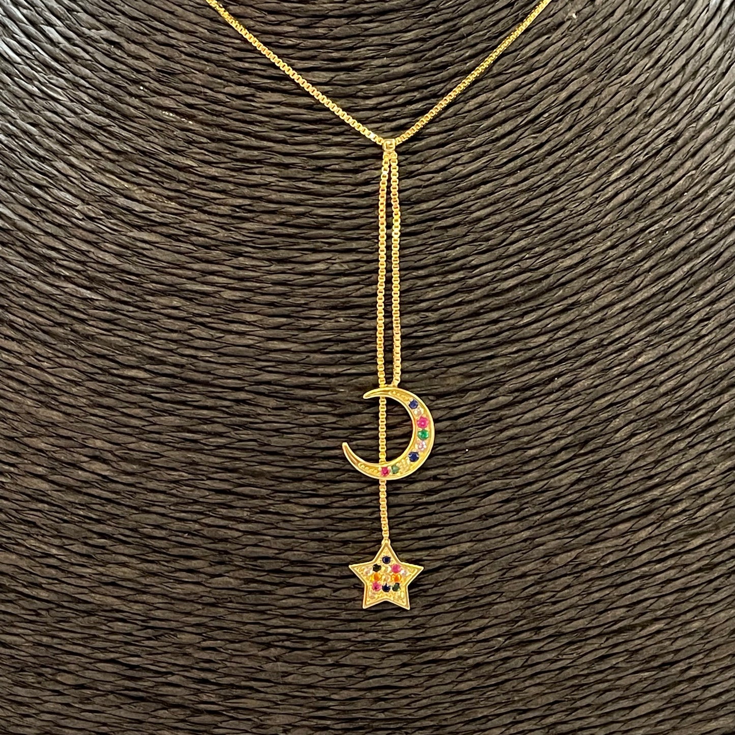 CO178 Collar Cascada Luna Estrella circones colores Cadena veneciana 40 cm mas extensor Cascada 6 cm Estrella 10 mm luna 12 mm Collar Terminado Baño Oro Cadenas Bañadas hecho de Bronce Bañado en Oro 18K Joyas Bañadas en Oro