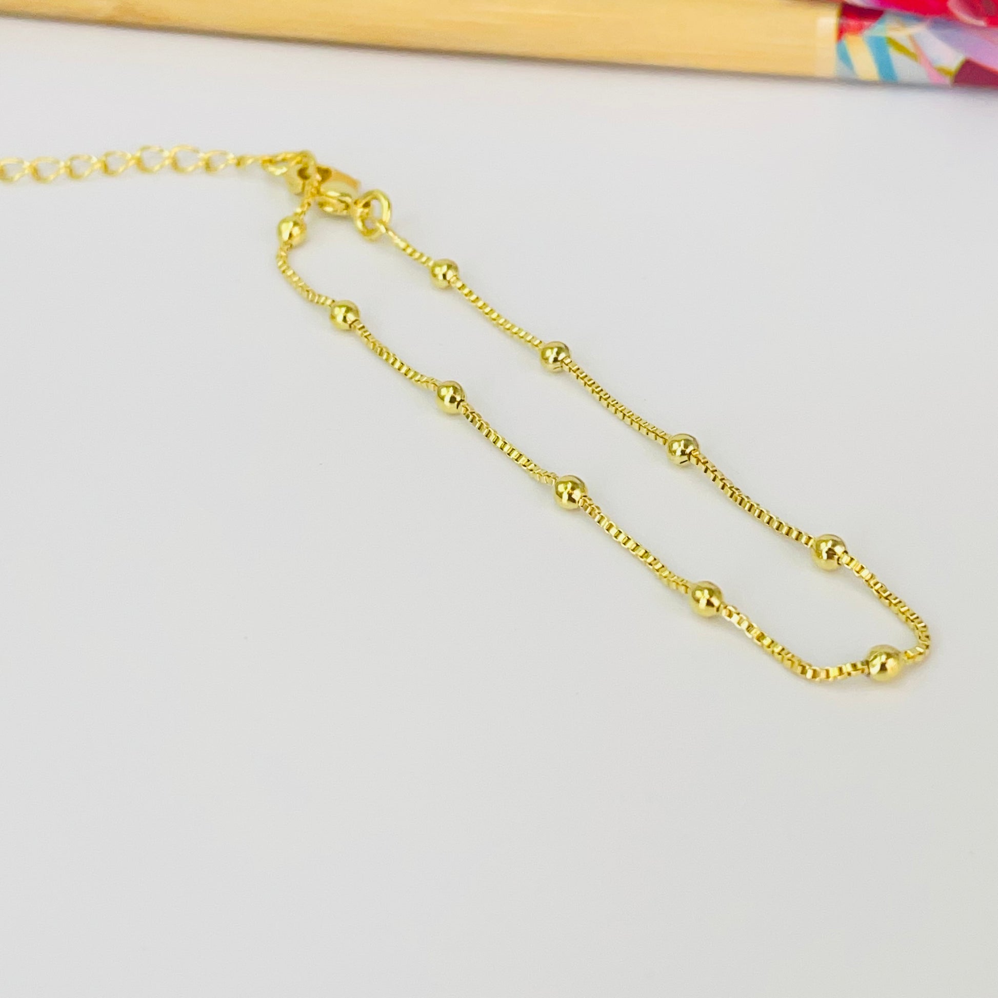 Joyas por Mayor Joyas Bañadas en Oro por Mayor Insumos para Joyas PO39 Pulsera Veneciana Eslabón 1 mm y Bolitas 2.2 mm Largo 16 cm más extensor 5 cm Pulsera Baño Oro