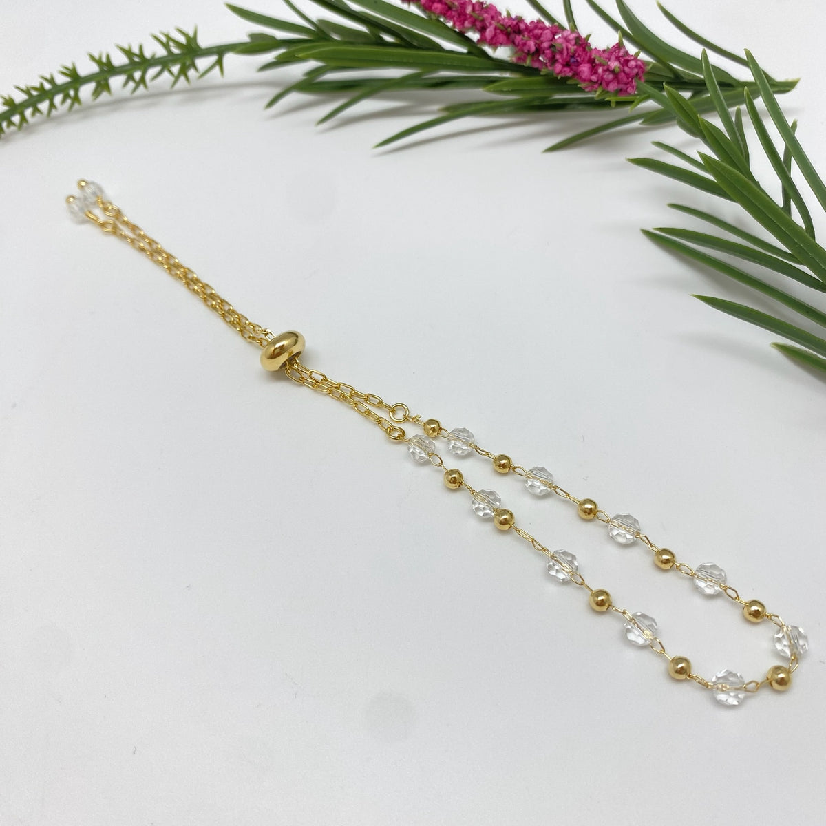 PO44 Pulsera Regulable con bolitas 3 mm y Cristales 4 mm Cadena Cartier Eslabón 3 x 1.5 mm Pulsera Baño Oro