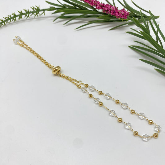 PO44 Pulsera Regulable con bolitas 3 mm y Cristales 4 mm Cadena Cartier Eslabón 3 x 1.5 mm Pulsera Baño Oro