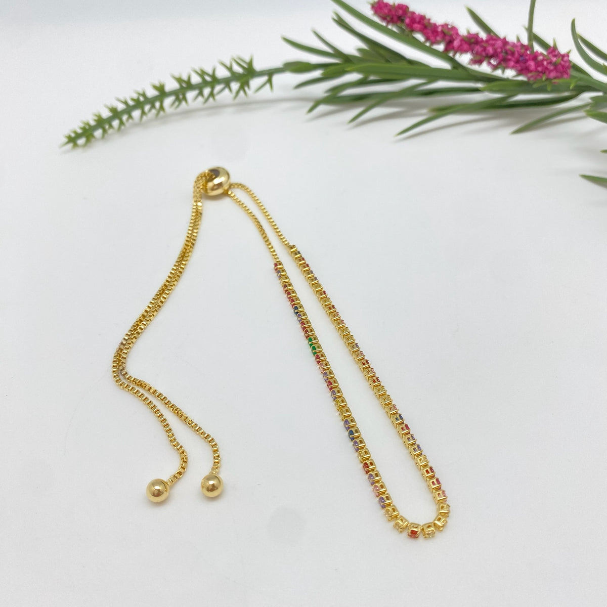 PO45 Pulsera Regulable con cristales multicolor ancho 1.8 mm Cadena veneciana 1.2 mm Pulsera Baño Oro