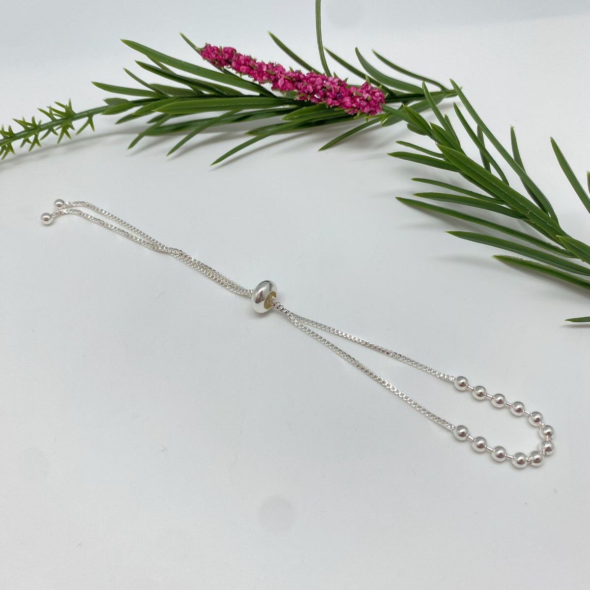 PP43 Pulsera Regulable con bolitas de 3 mm Cadena veneciana de 1.2 mm Pulsera Baño Plata