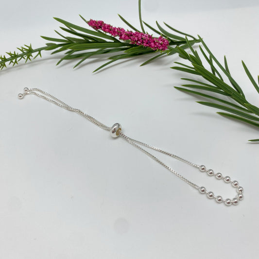 PP43 Pulsera Regulable con bolitas de 3 mm Cadena veneciana de 1.2 mm Pulsera Baño Plata