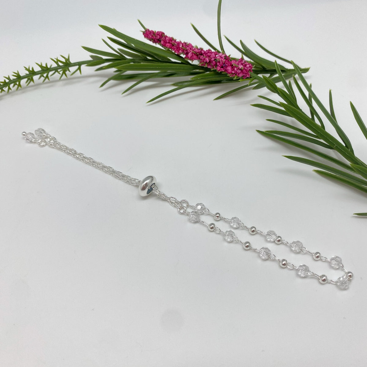 PP44 Pulsera Regulable con bolitas 3 mm y Cristales 4 mm Cadena Cartier Eslabón 3 x 1.5 mm Pulsera Baño Plata