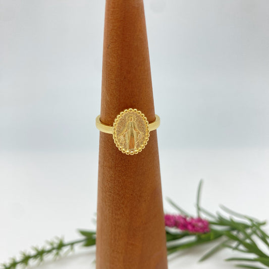 WO82 Anillo Ajustable Virgen de los milagros Oval 12 x 10 mm Espesor 1.5 mm Argolla Ancho y Espesor 2 mm Anillo Baño Oro