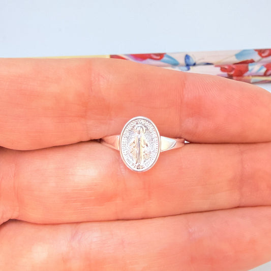 Joyas por Mayor Joyas Bañadas en Plata por Mayor Insumos para Joyas WP78 Anillo Virgen de los Rayos Esfera 11 x 9 mm espesor 2 mm Ancho argolla 1.8 mm Anillo Baño Plata