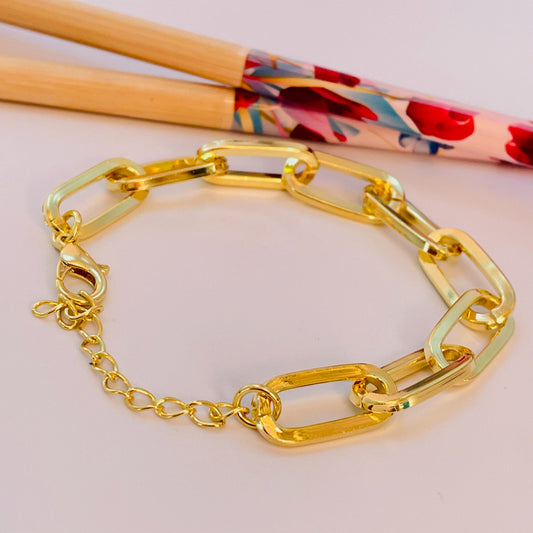 PO08 Pulsera Eslabones de 18 x 9 mm Largo 16 cm mas extensor de 5 cm Pulsera Baño Oro Accesorios Varios hecho de Bronce Bañado en Oro 18K Joyas Bañadas en Oro