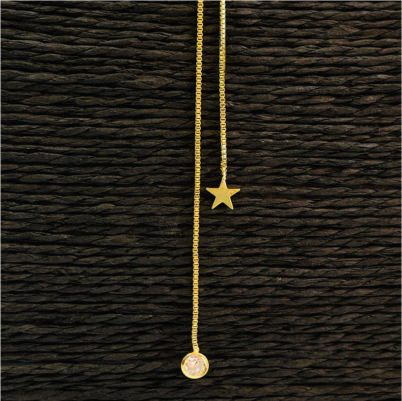 CO105 Collar Cascada altura ajustable con Estrella 6 mm y Circón 4 mm Largo Total 70 cm Cadena Baño Oro Cadenas Bañadas en Oro y Plata hecho de Bronce Bañado en Oro 18K Joyas Bañadas en Oro