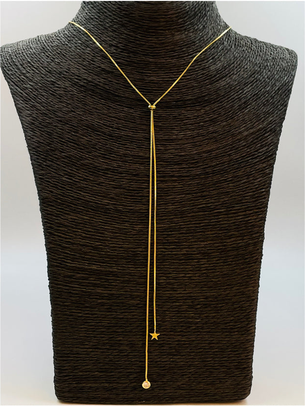 CO105 Collar Cascada altura ajustable con Estrella 6 mm y Circón 4 mm Largo Total 70 cm Cadena Baño Oro Cadenas Bañadas en Oro y Plata hecho de Bronce Bañado en Oro 18K Joyas Bañadas en Oro