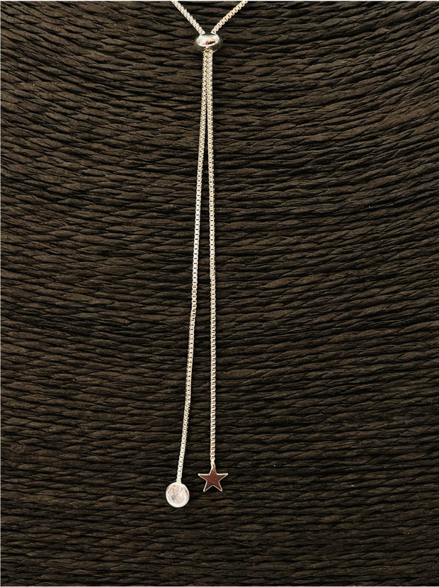 CP105 Collar Cascada altura ajustable con Estrella 6 mm y Circón 4 mm Largo Total 70 cm Cadena Baño Plata Cadenas Bañadas en Oro y Plata hecho de Bronce Bañado en Plata 50 ml Joyas Bañadas en Plata
