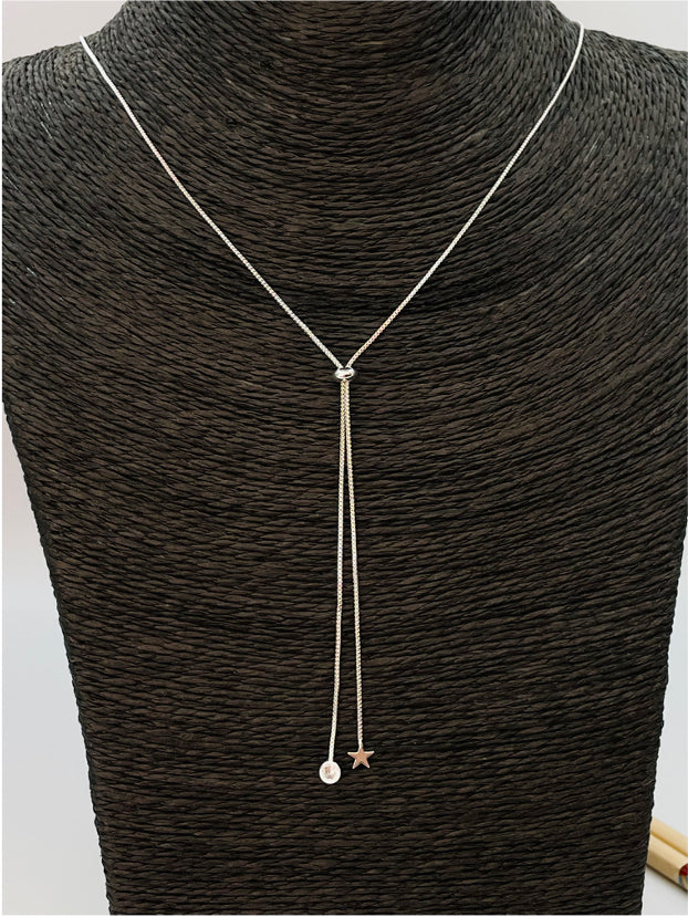 CP105 Collar Cascada altura ajustable con Estrella 6 mm y Circón 4 mm Largo Total 70 cm Cadena Baño Plata Cadenas Bañadas en Oro y Plata hecho de Bronce Bañado en Plata 50 ml Joyas Bañadas en Plata