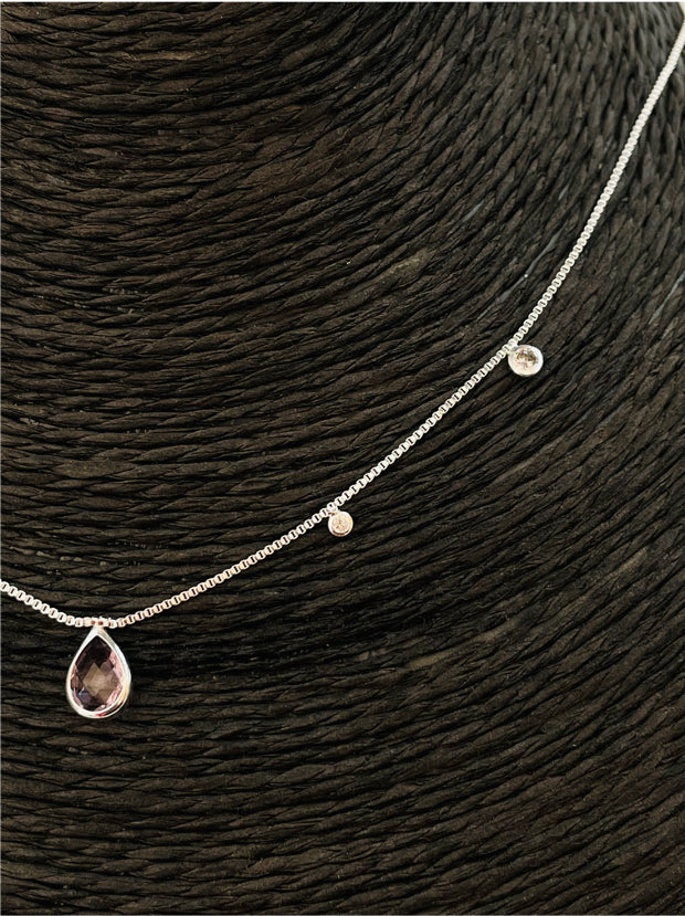 CP107 Collar con Gota Cristal Rosado 9x6 mm 2 Mini Circones 2 mm y 2 circones de 3 mm en cadena veneciana 38 cm más extensor de 10 cm terminación en mini circón Cadena Baño Plata Cadenas Bañadas en Oro y Plata hecho de Bronce Bañado en Plata 50 ml Joyas Bañadas en Plata