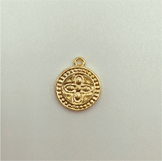 FO593 Colgante Redondo Flor Borde puntitos 12 mm Figura Baño Oro Figuras Bañadas en Oro y Plata hecho de Bronce Bañado en Oro 18K