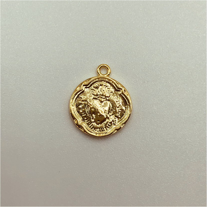 FO598 Colgante Sagrado Corazón Borde 13 mm Figura Baño Oro Figuras Bañadas en Oro y Plata hecho de Bronce Bañado en Oro 18K