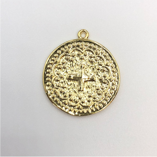 FO617 Colgante Cruz Borde Puntos 20 mm Figura Baño Oro Figuras Bañadas en Oro y Plata hecho de Bronce Bañado en Oro 18K