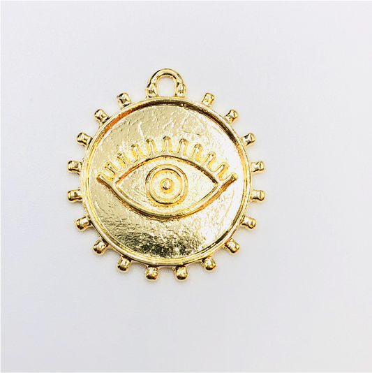 FO631 Colgante Redondo Ojo Griego con Borde 25 mm Figura Baño Oro Figuras Bañadas en Oro y Plata hecho de Bronce Bañado en Oro 18K