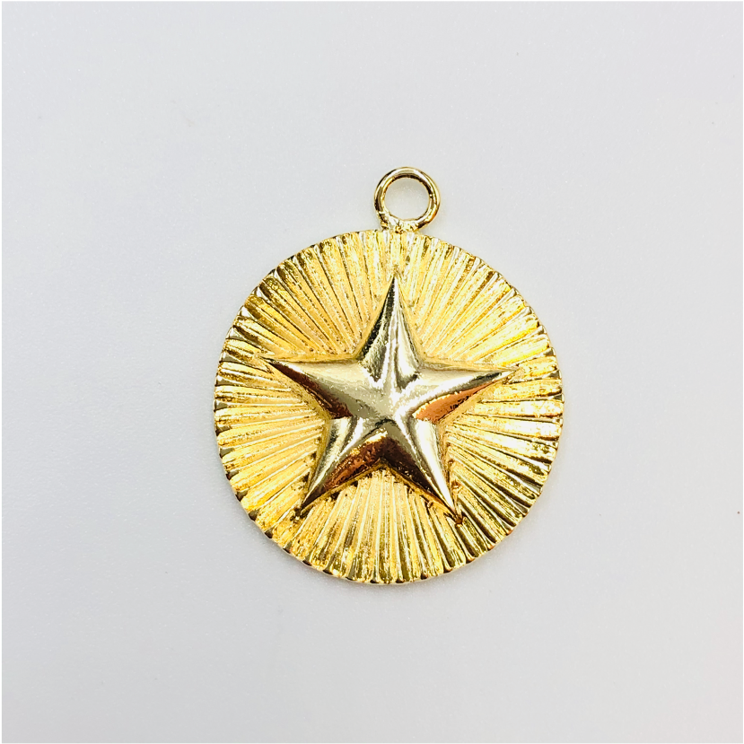FO635 Colgante Redondo Estrella Borde Rayado 25 mm Figura Baño Oro Figuras Bañadas en Oro y Plata hecho de Bronce Bañado en Oro 18K