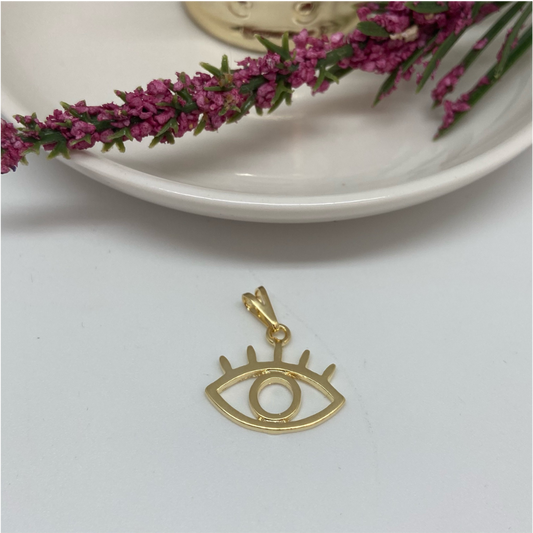 FO659 Colgante Ojo Griego Calado 19 x 16 mm Figura Baño Oro Figuras Bañadas en Oro y Plata hecho de Bronce Bañado en Oro 18K