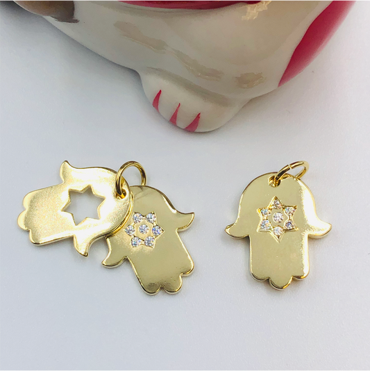 FO695 Colgante 2 Manos de Fátima Figura Baño Oro Figuras Bañadas en Oro y Plata hecho de Bronce Bañado en Oro 18K