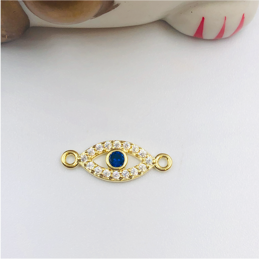 FO707 Conector Ojo Griego con circones cristal y central azul 18 x 8 mm Figura Baño Oro Figuras Bañadas en Oro y Plata hecho de Bronce Bañado en Oro 18K