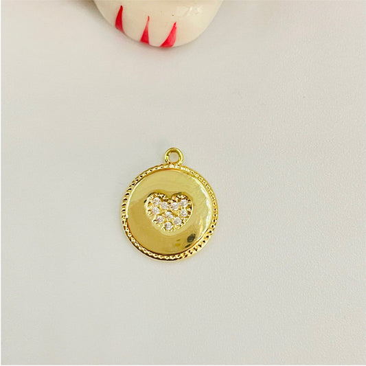 FO722 Medalla con Corazón y circones Borde Rutilado 11 mm Figura Baño Oro Figuras Bañadas en Oro y Plata hecho de Bronce Bañado en Oro 18K