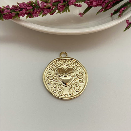FO742 Medalla Corazón con estampado 23 mm más argollita Figura Baño Oro Figuras Bañadas en Oro y Plata hecho de Bronce Bañado en Oro 18K Joyas Bañadas en Oro