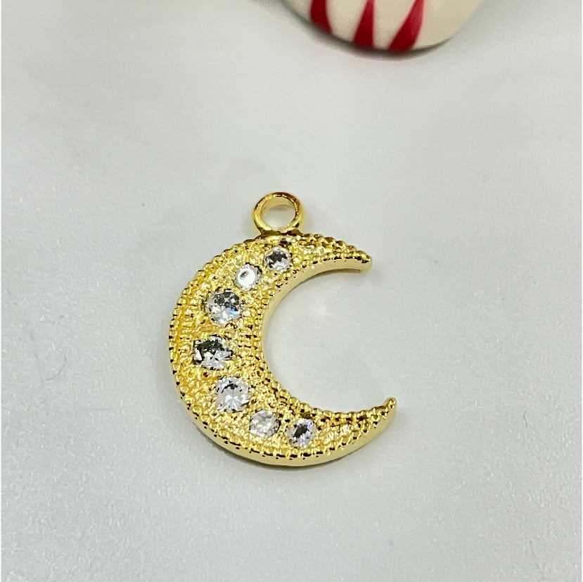 FO746 Colgante Luna con Circones borde Reticulado 15 mm Figura Baño Oro Figuras Bañadas en Oro y Plata hecho de Bronce Bañado en Oro 18K Joyas Bañadas en Oro