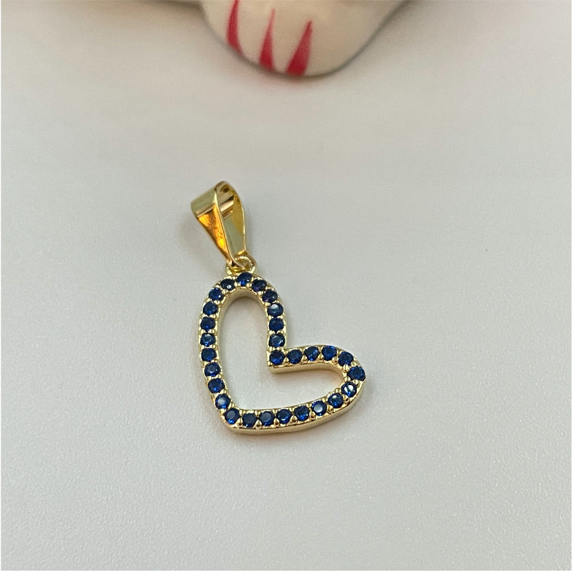 FO775 Colgante Corazón Ladeado Calado con circones Color Azul 16x13 mm mas Balier Figura Baño Oro Figuras Bañadas en Oro y Plata hecho de Bronce Bañado en Oro 18K