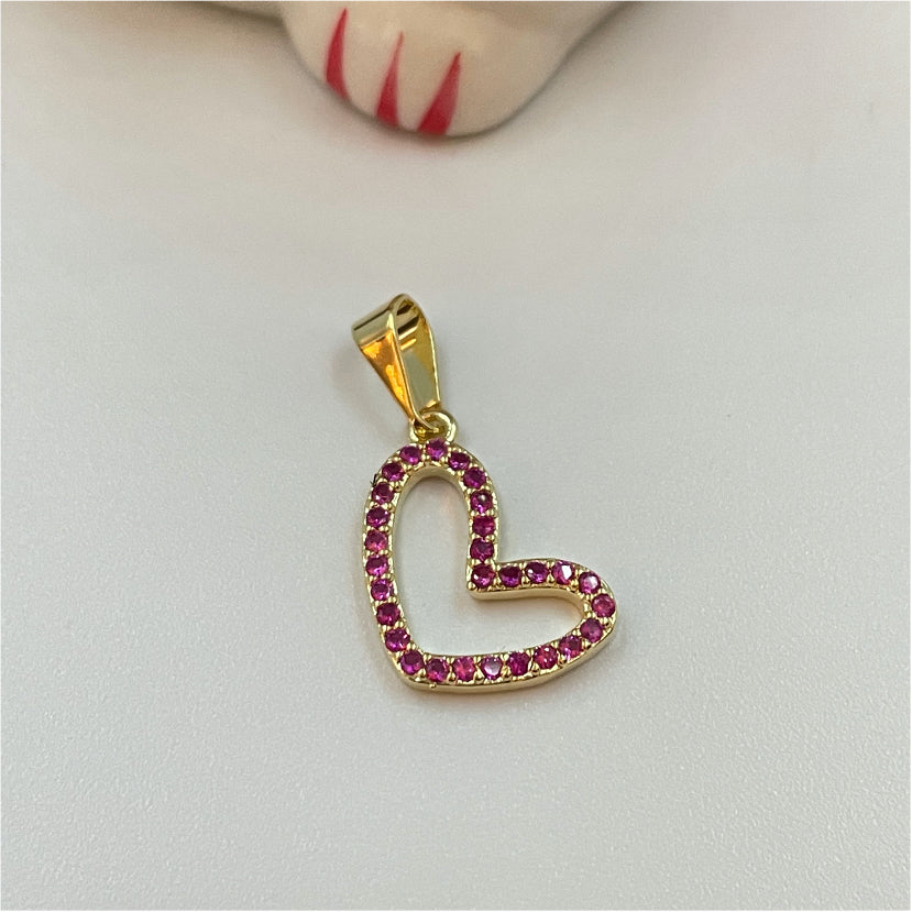 FO775 Colgante Corazón Ladeado Calado con circones Color Fucsia 16x13 mm mas Balier Figura Baño Oro Figuras Bañadas en Oro y Plata hecho de Bronce Bañado en Oro 18K
