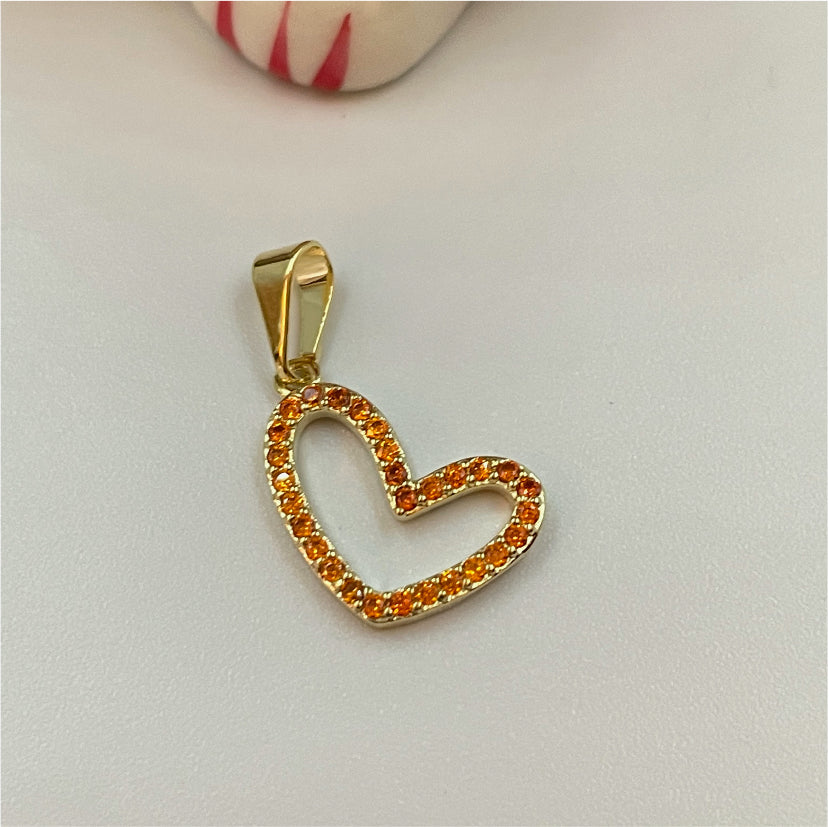 FO775 Colgante Corazón Ladeado Calado con circones Color Naranjo 16x13 mm mas Balier Figura Baño Oro Figuras Bañadas en Oro y Plata hecho de Bronce Bañado en Oro 18K
