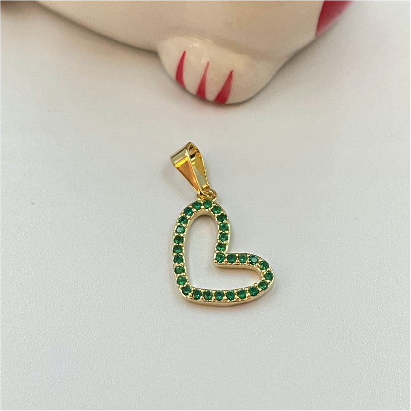 FO775 Colgante Corazón Ladeado Calado con circones Color Verde 16x13 mm mas Balier Figura Baño Oro Figuras Bañadas en Oro y Plata hecho de Bronce Bañado en Oro 18K