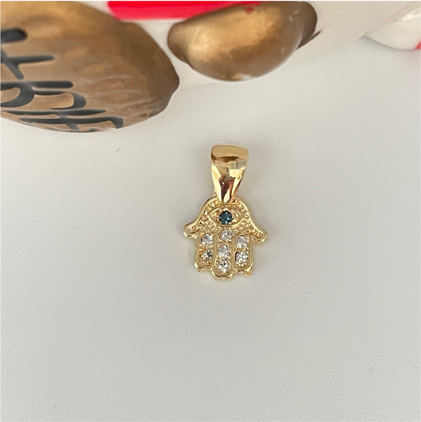 FO793 Colgante Mano de Fátima con circones cristal y azul 12 mm más Balier Figura Baño Oro Figuras Bañadas en Oro y Plata hecho de Bronce Bañado en Oro 18K