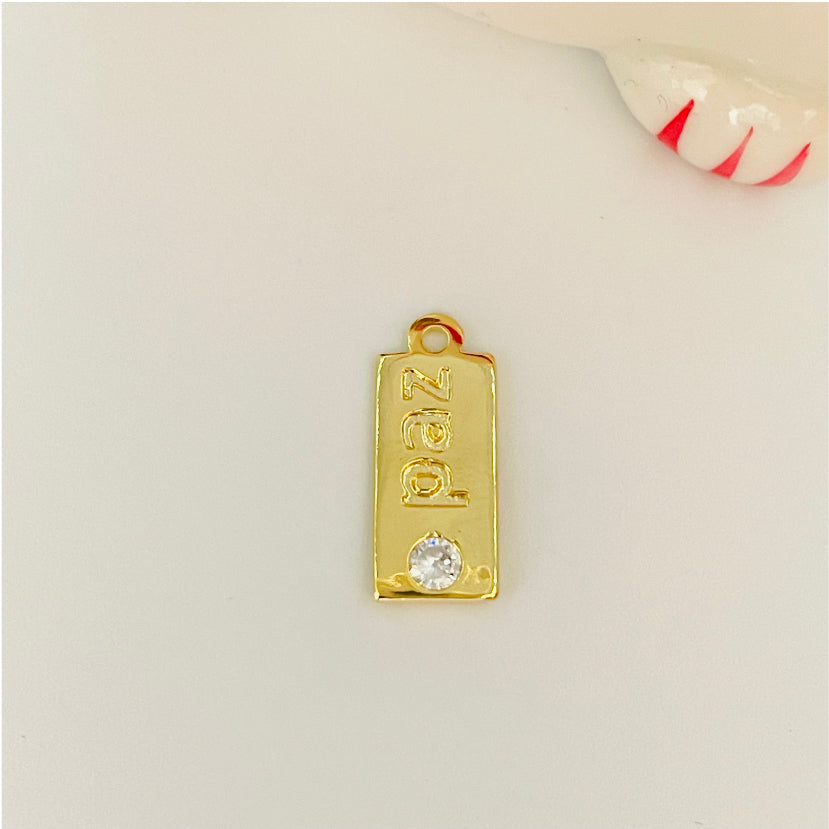 FO804 Placa Paz Rectangular 1 circón 14x8 mm más argollita Figura Baño Oro Figuras Bañadas en Oro y Plata hecho de Bronce Bañado en Oro 18K