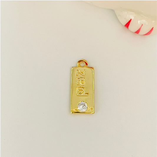 FO804 Placa Paz Rectangular 1 circón 14x8 mm más argollita Figura Baño Oro Figuras Bañadas en Oro y Plata hecho de Bronce Bañado en Oro 18K