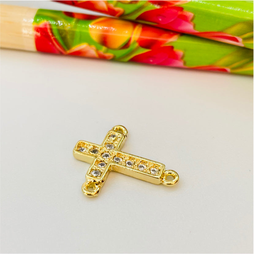FO858 Colgante Cruz con circones para Rosario con 3 argollitas 14x10 mm mas argollitas Figura Baño Oro Figuras Bañadas en Oro y Plata hecho de Bronce Bañado en Oro 18K Joyas Bañadas en Oro