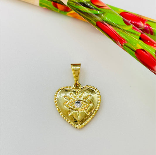 FO865 Colgante Corazón con Ojo Griegocon un circón Borde Reticulado 15x14 mm mas balier Figura Baño Oro Figuras Bañadas en Oro y Plata hecho de Bronce Bañado en Oro 18K Joyas Bañadas en Oro